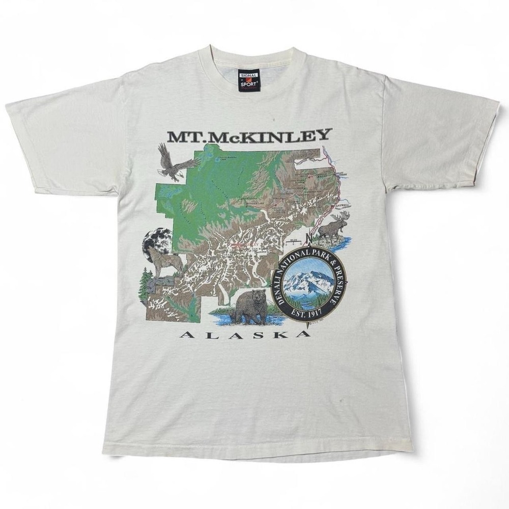 Vintage 90s Mt. McKinley Alaska Wildlife Nature Animal Map Outdoors T-Shirt MED
